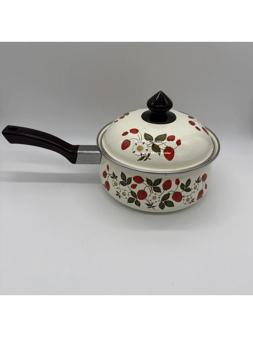 Vintage Enamelware Strawberry Pattern Saucepan Pot with Lid 7.75 Inch Cottage